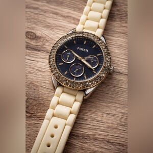 Fossil Cream Silicone Chronograph Watch | Rhinestone Bezel | Women’s